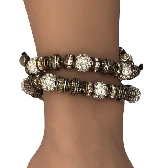 Nicole Bracelet Beaded Silver Gold Tone Slider Bangle Rhinestone Accent - Picture 3 of 5